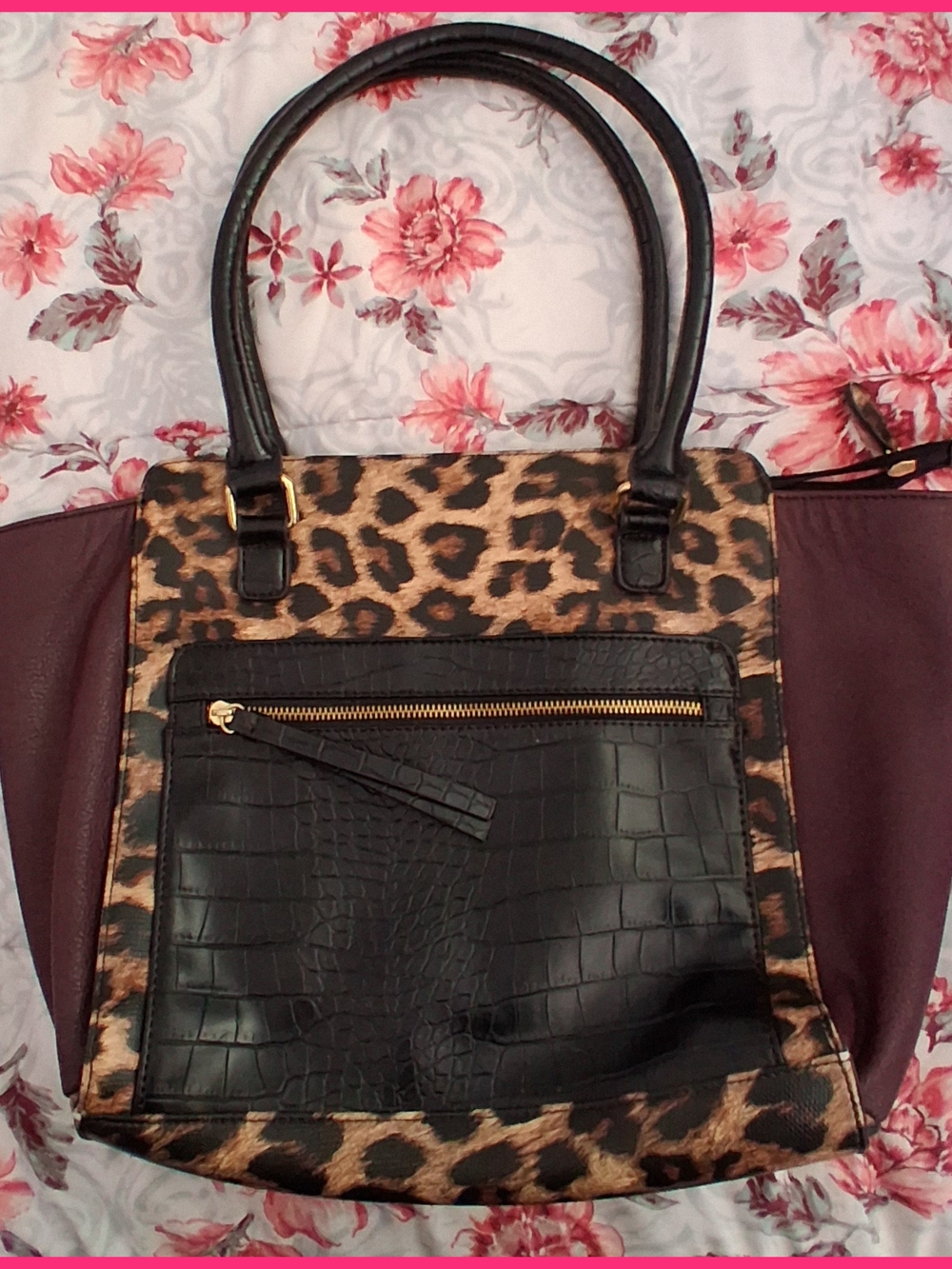 Leopard Print Tote Bag with Black Croc Front Pocket
